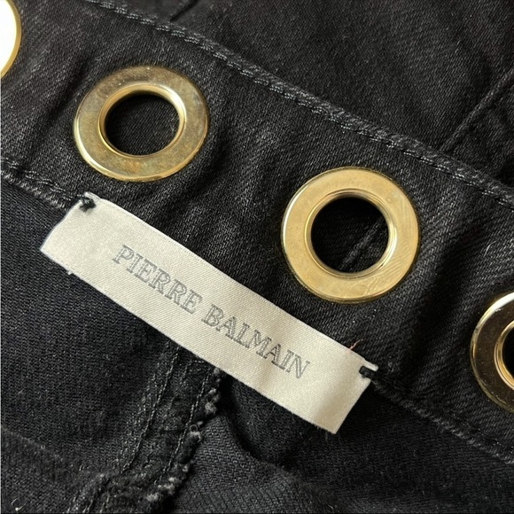BALMAIN VINTAGE Y2K Low Rise Grommet Cutout Waist Black Denim Jean Mini Skirt 10 - Picture 3 of 7